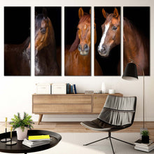 Load image into Gallery viewer, group horses canvas wall art brown horses portrait 5 piece canvas print isolated horses black background multi canvas three horses canvas set For Living Room
