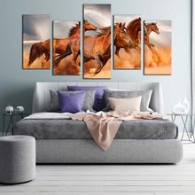 Load image into Gallery viewer, group horses canvas wall art horses freedom 5 piece multiple canvas grey sky horses herd canvas print brown horses galloping canvas set For Bedroom
