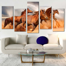 Load image into Gallery viewer, group horses canvas wall art horses freedom 5 piece multiple canvas grey sky horses herd canvas print brown horses galloping canvas set In Living room
