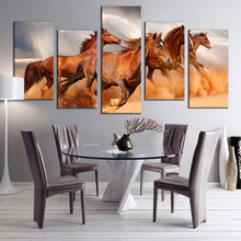 Load image into Gallery viewer, group horses canvas wall art horses freedom 5 piece multiple canvas grey sky horses herd canvas print brown horses galloping canvas set For Dining Room
