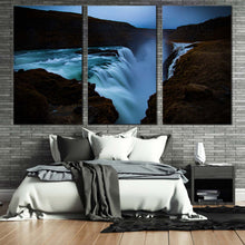 Load image into Gallery viewer, gullfoss falls canvas print green hvita river canvas wall art amazing white waterfall in iceland 3 piece multi canvas artwork In Bedroom
