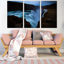 Load image into Gallery viewer, gullfoss falls canvas print green hvita river canvas wall art amazing white waterfall in iceland 3 piece multi canvas artwork For Living Room
