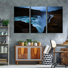 Load image into Gallery viewer, gullfoss falls canvas print green hvita river canvas wall art amazing white waterfall in iceland 3 piece multi canvas artwork
