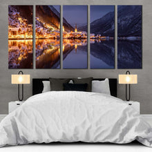 Load image into Gallery viewer, hallstatt mountains at evening lake boats houses 5 Piece canvas print In Bedroom
