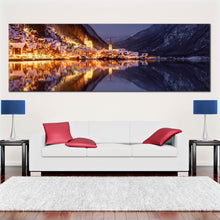 Load image into Gallery viewer, hallstatt  mountains  at  evening  lake  boats  houses  panoramic  Canvas  prints In Living Room
