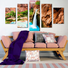 Load image into Gallery viewer, havasu falls canvas wall art arizona beautiful brown rock waterfall multi canvas artwork waterfall rocks blue water 5 piece canvas print For Your Living Room
