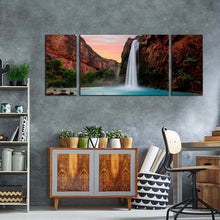 Load image into Gallery viewer, havasu  falls  canvas  wall  art  arizona  blue  lake  waterfall  3  piece  canvas  print  brown  mountain  havasupai  waterfall  triptych  multi  canvas
