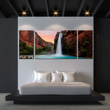 Load image into Gallery viewer, havasu  falls  canvas  wall  art  arizona  blue  lake  waterfall  3  piece  canvas  print  brown  mountain  havasupai  waterfall  triptych  multi  canvas In Bedroom
