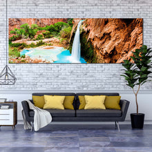 Load image into Gallery viewer, havasu  waterfalls  canvas  wall  art  waterfall  rock  blue  water  canvas  artwork  arizona  beautiful  brown  rock  waterfall  1  piece  canvas  print In Living Room
