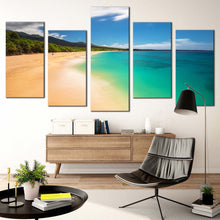 Load image into Gallery viewer, hawaii beach canvas print green island of maui ocean 5 piece canvas wall art beautiful blue sky ocean beach multiple canvas In Living Room
