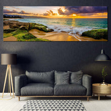 Load image into Gallery viewer, hawaii  ocean  canvas  print  cloudy  yellow  sunset  ocean  beach  1  piece  canvas  print  green  ocean  rocks  canvas  wall  art For Living Room
