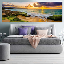 Load image into Gallery viewer, hawaii  ocean  canvas  print  cloudy  yellow  sunset  ocean  beach  1  piece  canvas  print  green  ocean  rocks  canvas  wall  art For Bedroom
