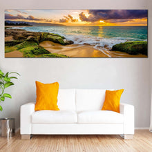 Load image into Gallery viewer, hawaii  ocean  canvas  print  cloudy  yellow  sunset  ocean  beach  1  piece  canvas  print  green  ocean  rocks  canvas  wall  art In Living Room
