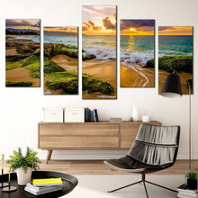 Load image into Gallery viewer, hawaii scenery canvas wall art green ocean rocks 5 piece multi canvas artwork beautiful yellow sunset ocean canvas print In Living Room
