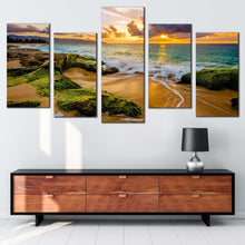 Load image into Gallery viewer, hawaii scenery canvas wall art green ocean rocks 5 piece multi canvas artwork beautiful yellow sunset ocean canvas print For Living room
