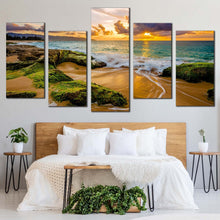 Load image into Gallery viewer, hawaii scenery canvas wall art green ocean rocks 5 piece multi canvas artwork beautiful yellow sunset ocean canvas print For Bedroom
