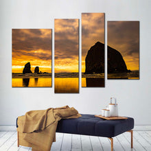 Load image into Gallery viewer, haystack ocean canvas wall art yellow sky cannon beach canvas print the needles multi canvas black ocean rocks 4 piece canvas in living room
