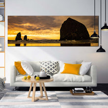 Load image into Gallery viewer, haystack  rock  canvas  wall  art  yellow  sunset  ocean  1  piece  canvas  black  ocean  rocks  wide  canvas  black  cannon  beach  canvas  print For Living Room
