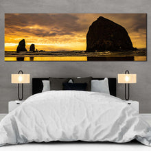 Load image into Gallery viewer, haystack  rock  canvas  wall  art  yellow  sunset  ocean  1  piece  canvas  black  ocean  rocks  wide  canvas  black  cannon  beach  canvas  print For Bedroom
