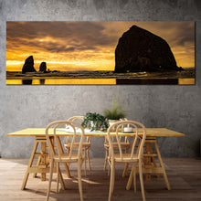 Load image into Gallery viewer, haystack  rock  canvas  wall  art  yellow  sunset  ocean  1  piece  canvas  black  ocean  rocks  wide  canvas  black  cannon  beach  canvas  print In Dinning Room
