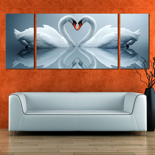 heart  swans  canvas  wall  art  beautiful  grey  background  3  piece  multi  canvas  artwork  romantic  love  white  swans  reflection  triptych  canvas  print For Living Room