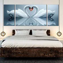 Load image into Gallery viewer, heart  swans  canvas  wall  art  beautiful  grey  background  3  piece  multi  canvas  artwork  romantic  love  white  swans  reflection  triptych  canvas  print For Bedroom
