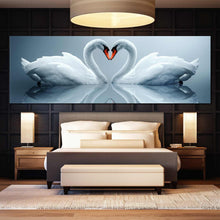 Load image into Gallery viewer, heart  swans  canvas  wall  art  beautiful  grey  background  panoramic  canvas  print  romantic  love  white  swans  reflection  1  piece  canvas  1 For Bedroom
