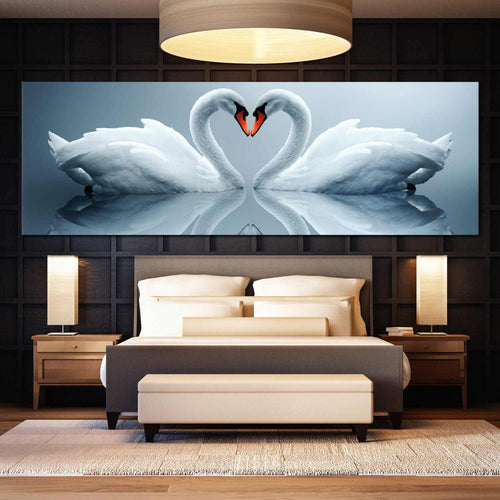 heart  swans  canvas  wall  art  beautiful  grey  background  panoramic  canvas  print  romantic  love  white  swans  reflection  1  piece  canvas  1 For Bedroom