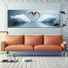 Load image into Gallery viewer, heart  swans  canvas  wall  art  beautiful  grey  background  panoramic  canvas  print  romantic  love  white  swans  reflection  1  piece  canvas  1 In Living Room
