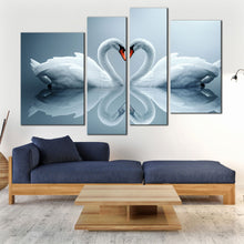 Load image into Gallery viewer, heart swans canvas wall art romantic love white swans reflection 4 piece canvas print beautiful grey background multiple canvas in living room
