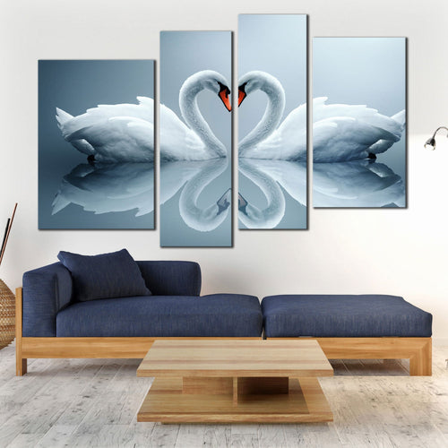 heart swans canvas wall art romantic love white swans reflection 4 piece canvas print beautiful grey background multiple canvas in living room