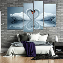 Load image into Gallery viewer, heart swans canvas wall art romantic love white swans reflection 4 piece canvas print beautiful grey background multiple canvas for bedroom
