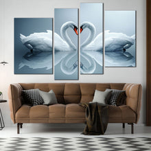 Load image into Gallery viewer, heart swans canvas wall art romantic love white swans reflection 4 piece canvas print beautiful grey background multiple canvas for your living room 
