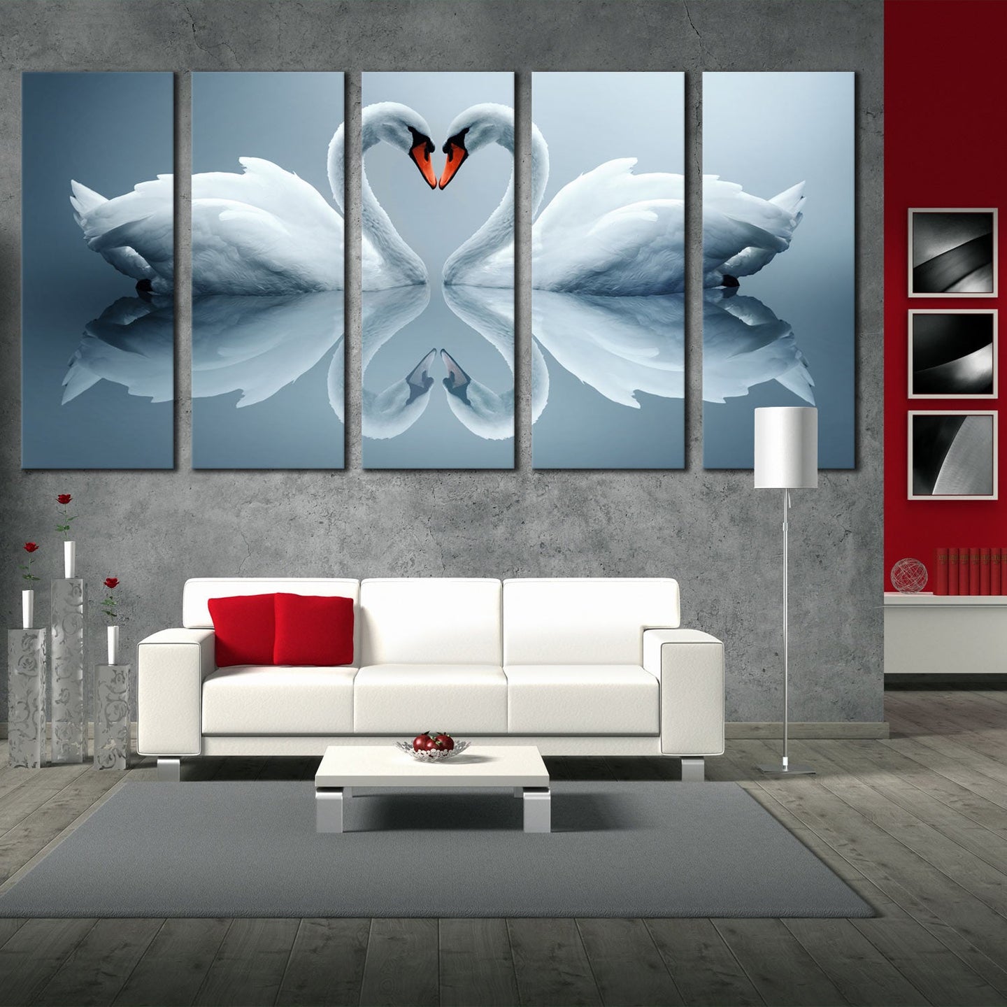 heart swans canvas wall art romantic love white swans reflection multi canvas beautiful grey background 5 piece canvas print For Living Room