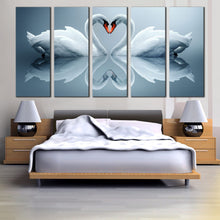 Load image into Gallery viewer, heart swans canvas wall art romantic love white swans reflection multi canvas beautiful grey background 5 piece canvas print For Bedroom
