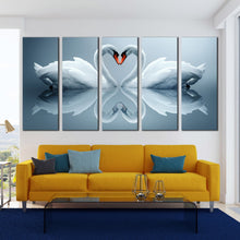 Load image into Gallery viewer, heart swans canvas wall art romantic love white swans reflection multi canvas beautiful grey background 5 piece canvas print In Living Room
