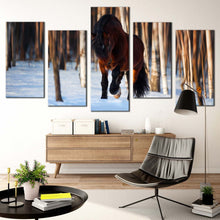 Load image into Gallery viewer, horse alone canvas print white snow horse forest 5 piece canvas wall art horse freedom multi canvas In Living room
