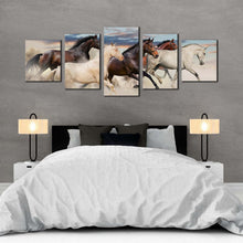 Load image into Gallery viewer, horse animal canvas print horses desert at desert 5 piece canvas wall art brown white horses canvas set pack of galloping horses multi canvas In Bedroom
