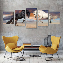 Load image into Gallery viewer, horse animal canvas print horses playing 5 piece canvas print white black horse fight multi canvas artwork In Living Room
