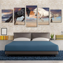 Load image into Gallery viewer, horse animal canvas print horses playing 5 piece canvas print white black horse fight multi canvas artwork For Your Bedroom
