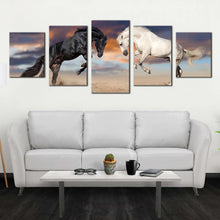 Load image into Gallery viewer, horse animal canvas print horses playing 5 piece canvas print white black horse fight multi canvas artwork For Living room
