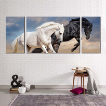 Load image into Gallery viewer, horse  animal  canvas  wall  art  two  horses  running  dust  3  piece  canvas  print  black  and  white  horses  couple  multiple  canvas
