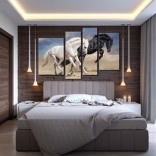 Load image into Gallery viewer, horse couple canvas print two horses in nature 4 piece canvas wall art black and white horses multi canvas artwork in bedroom
