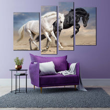 Load image into Gallery viewer, horse couple canvas print two horses in nature 4 piece canvas wall art black and white horses multi canvas artwork
