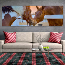 Load image into Gallery viewer, horse  couple  canvas  wall  art  brown  horses  in  love  1  piece  canvas  print  horses  in  yellow  sunrise  canvas  artwork In Living Room
