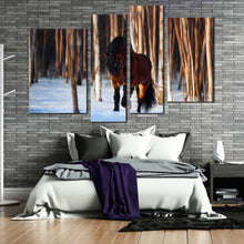 Load image into Gallery viewer, horse farm canvas wall art brown horse front 4 piece canvas set horse white snow trees forest canvas print in bedroom
