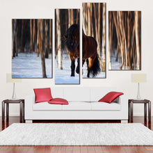 Load image into Gallery viewer, horse farm canvas wall art brown horse front 4 piece canvas set horse white snow trees forest canvas print for your living room 
