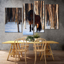 Load image into Gallery viewer, horse farm canvas wall art brown horse front 4 piece canvas set horse white snow trees forest canvas print
