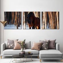 Load image into Gallery viewer, horse  forest  canvas  wall  art  horse  white  snow  trees  3  piece  canvas  print  brown  horse  runs  in  winter  multi  canvas  artwork In Living Room
