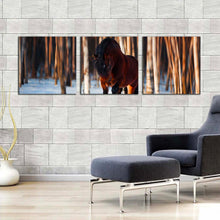 Load image into Gallery viewer, horse  forest  canvas  wall  art  horse  white  snow  trees  3  piece  canvas  print  brown  horse  runs  in  winter  multi  canvas  artwork For Living Room
